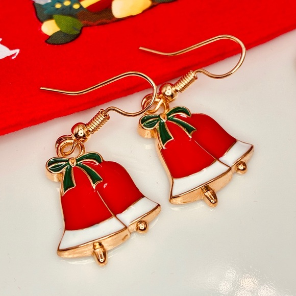 🎄DEAL Festive Enamel Red Bell Dangle Fishhook Drop Christmas Earrings - Picture 1 of 6